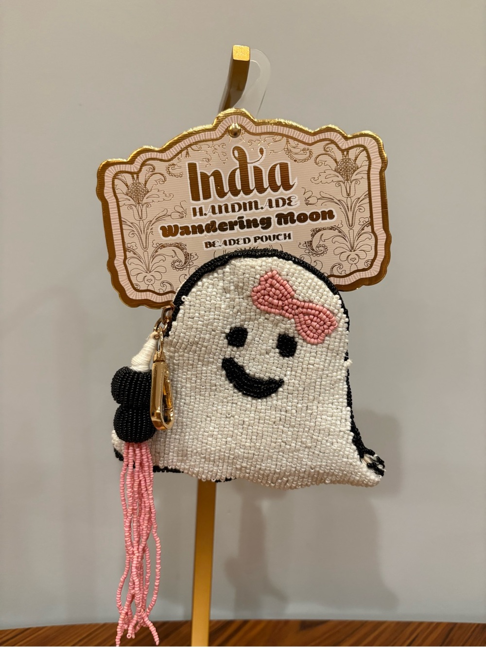 White Beaded Ghost Coin Pouch with Pink Bow